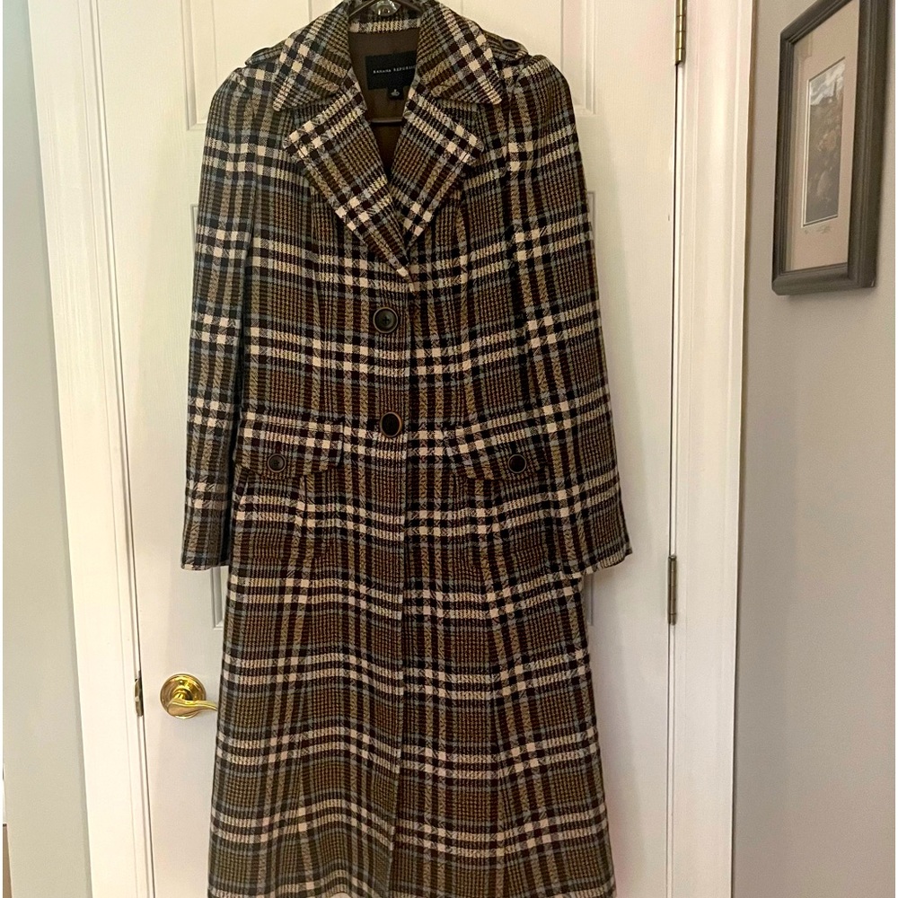 Banana Republic Brown Plaid Wool Long Coat size Small